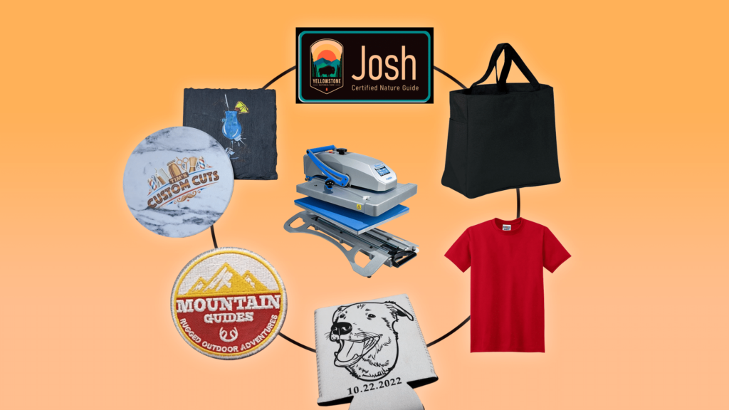 Heat press can be used for sublimation, screen-printing, patches, and rhinestones.